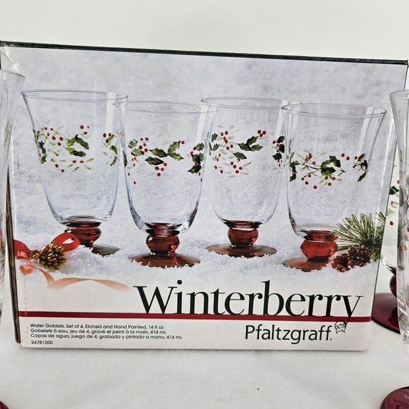 Pfaltzgraff Winterberry Water Holiday Goblets Hand Painted Etched Qty 4 In Box - Picture 6 of 8